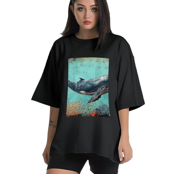 Plus Size Shirt for Women Black Tops for Women Short Sleeves Shirt for Women Whale T Shirt Crewneck Shirt for Women 2XL