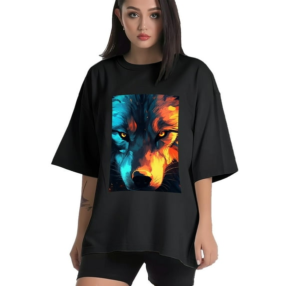 Plus Size Shirt for Women Black Tops for Women Short Sleeves Shirt for Women Wolf 2 T Shirt Crewneck Shirt for Women 2XL