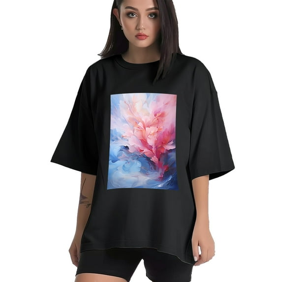 Plus Size Shirt for Women Oversized Black Tops for Women Short Sleeves Shirt for Women Abstraction Pink 1 T Shirt Crewneck Shirt for Women M