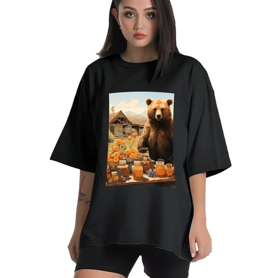 Plus Size Shirt for Women Oversized Black Tops for Women Short Sleeves Shirt for Women Cartoon Bear T Shirt Crewneck Shirt for Women M