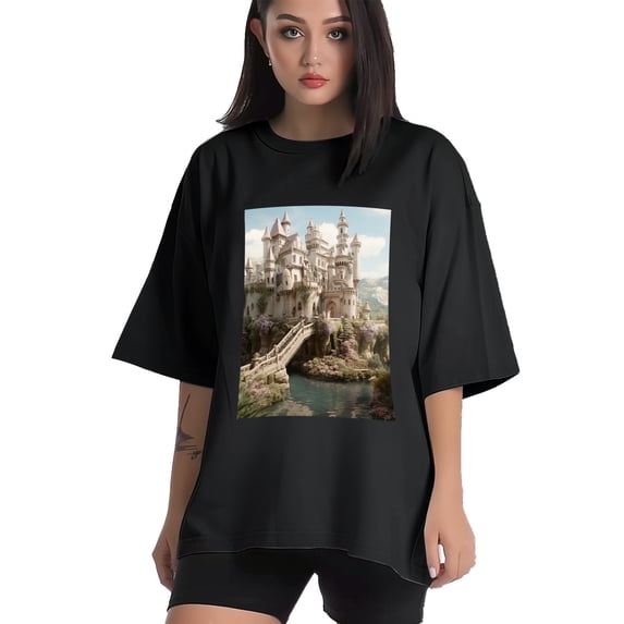 Plus Size Shirt for Women Oversized Black Tops for Women Short Sleeves Shirt for Women Castle (27） T Shirt Crewneck Shirt for Women M