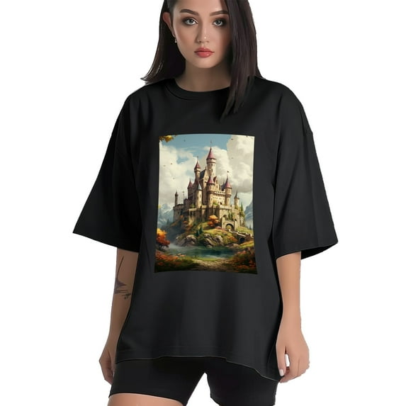 Plus Size Shirt for Women Oversized Black Tops for Women Short Sleeves Shirt for Women Castle (44) T Shirt Crewneck Shirt for Women M