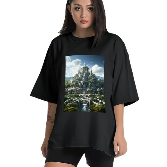 Plus Size Shirt for Women Oversized Black Tops for Women Short Sleeves Shirt for Women Castle T Shirt Crewneck Shirt for Women M