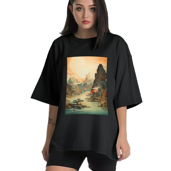 Plus Size Shirt for Women Oversized Black Tops for Women Short Sleeves Shirt for Women Chinese Landscape1 T Shirt Crewneck Shirt for Women M