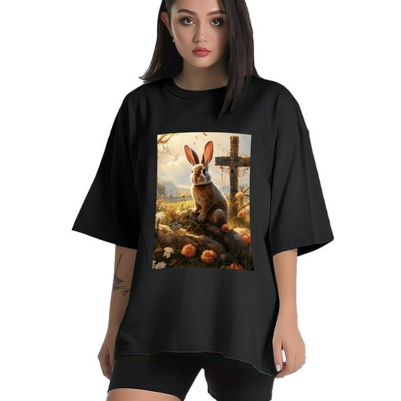 Plus Size Shirt for Women Oversized Black Tops for Women Short Sleeves Shirt for Women Easter T Shirt Crewneck Shirt for Women M