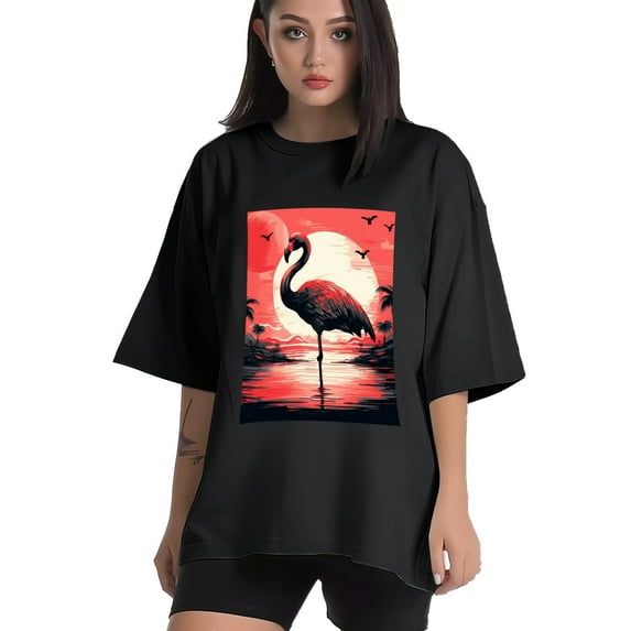 Plus Size Shirt for Women Oversized Black Tops for Women Short Sleeves Shirt for Women Flamingo T Shirt Crewneck Shirt for Women M