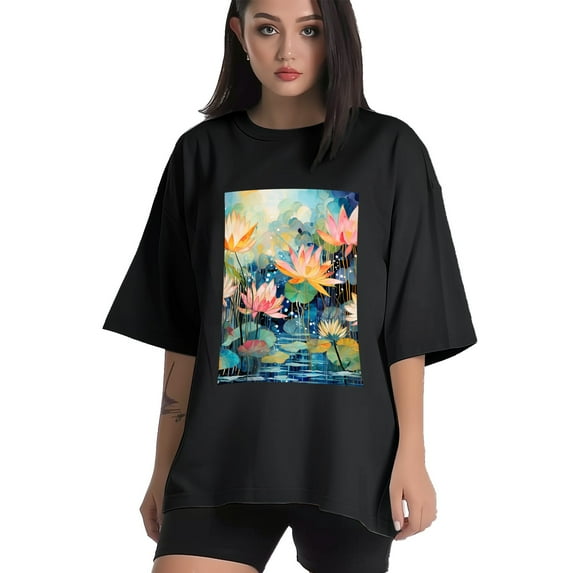 Plus Size Shirt for Women Oversized Black Tops for Women Short Sleeves Shirt for Women Flower 2 T Shirt Crewneck Shirt for Women M