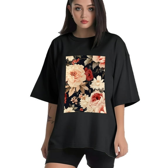Plus Size Shirt for Women Oversized Black Tops for Women Short Sleeves Shirt for Women Flower13 T Shirt Crewneck Shirt for Women M