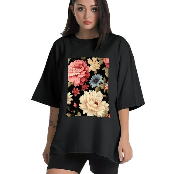 Plus Size Shirt for Women Oversized Black Tops for Women Short Sleeves Shirt for Women Flower16 T Shirt Crewneck Shirt for Women M