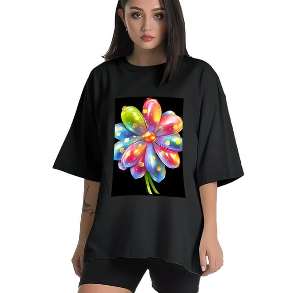 Plus Size Shirt for Women Oversized Black Tops for Women Short Sleeves Shirt for Women Flowers 04 T Shirt Crewneck Shirt for Women M