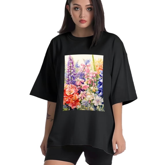Plus Size Shirt for Women Oversized Black Tops for Women Short Sleeves Shirt for Women Flowers T Shirt Crewneck Shirt for Women M
