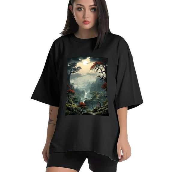 Plus Size Shirt for Women Oversized Black Tops for Women Short Sleeves Shirt for Women Landscape T Shirt Crewneck Shirt for Women M