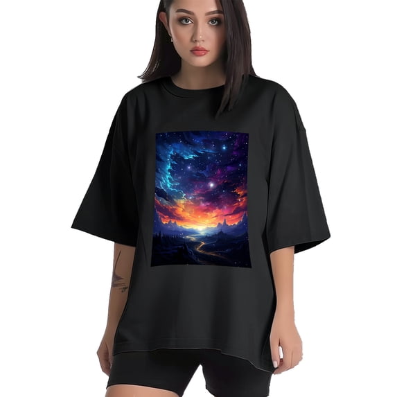 Plus Size Shirt for Women Oversized Black Tops for Women Short Sleeves Shirt for Women Night Sky T Shirt Crewneck Shirt for Women M