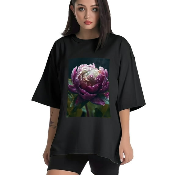 Plus Size Shirt for Women Oversized Black Tops for Women Short Sleeves Shirt for Women Peony Flower T Shirt Crewneck Shirt for Women M