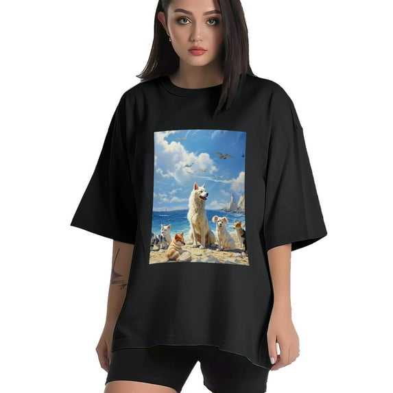 Plus Size Shirt for Women Oversized Black Tops for Women Short Sleeves Shirt for Women Puppy T Shirt Crewneck Shirt for Women M