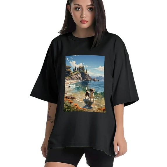 Plus Size Shirt for Women Oversized Black Tops for Women Short Sleeves Shirt for Women Puppy T Shirt Crewneck Shirt for Women M