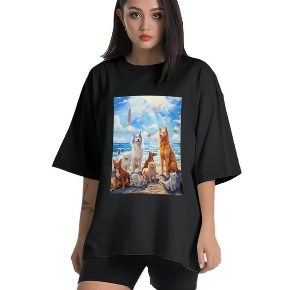 Plus Size Shirt for Women Oversized Black Tops for Women Short Sleeves Shirt for Women Puppy T Shirt Crewneck Shirt for Women M