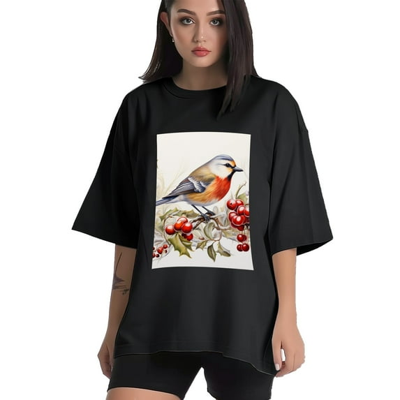 Plus Size Shirt for Women Oversized Black Tops for Women Short Sleeves Shirt for Women Red-Browed Bird 26 T Shirt Crewneck Shirt for Women M