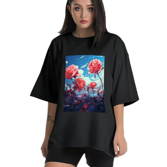 Plus Size Shirt for Women Oversized Black Tops for Women Short Sleeves Shirt for Women Red Rose And Sky7 T Shirt Crewneck Shirt for Women M
