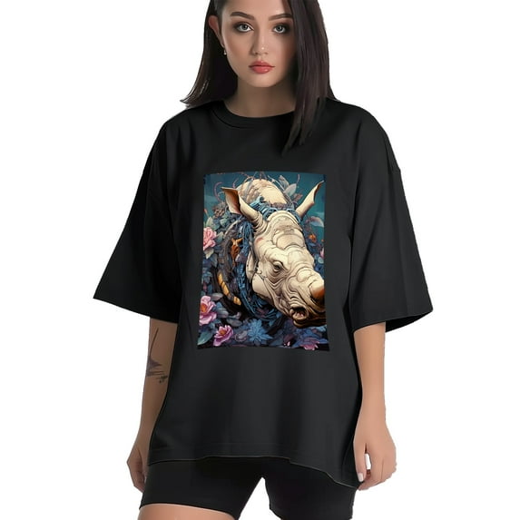 Plus Size Shirt for Women Oversized Black Tops for Women Short Sleeves Shirt for Women Rhino Head T Shirt Crewneck Shirt for Women M