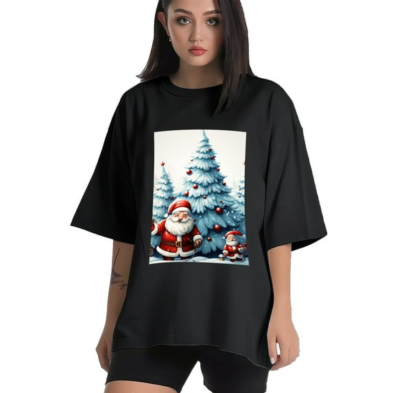 Plus Size Shirt for Women Oversized Black Tops for Women Short Sleeves Shirt for Women Santa Claus And Snow 3 T Shirt Crewneck Shirt for Women M