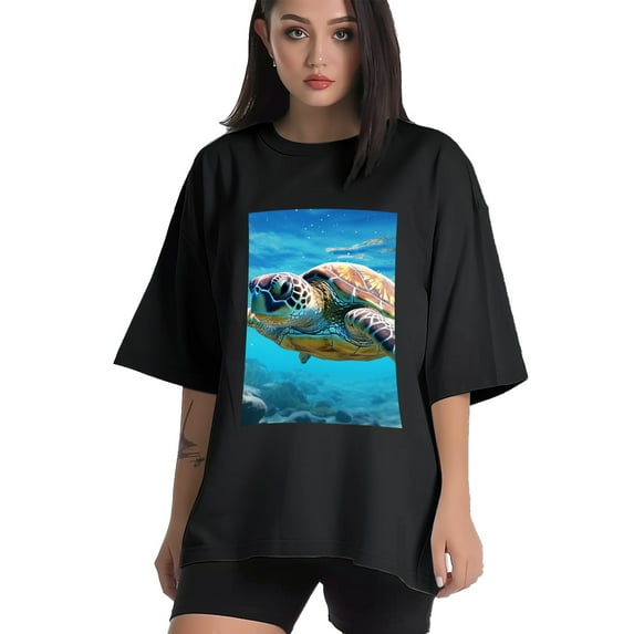 Plus Size Shirt for Women Oversized Black Tops for Women Short Sleeves Shirt for Women Sea Turtle T Shirt Crewneck Shirt for Women M