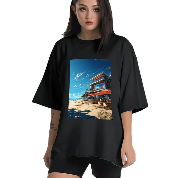 Plus Size Shirt for Women Oversized Black Tops for Women Short Sleeves Shirt for Women Seaside (55) T Shirt Crewneck Shirt for Women M