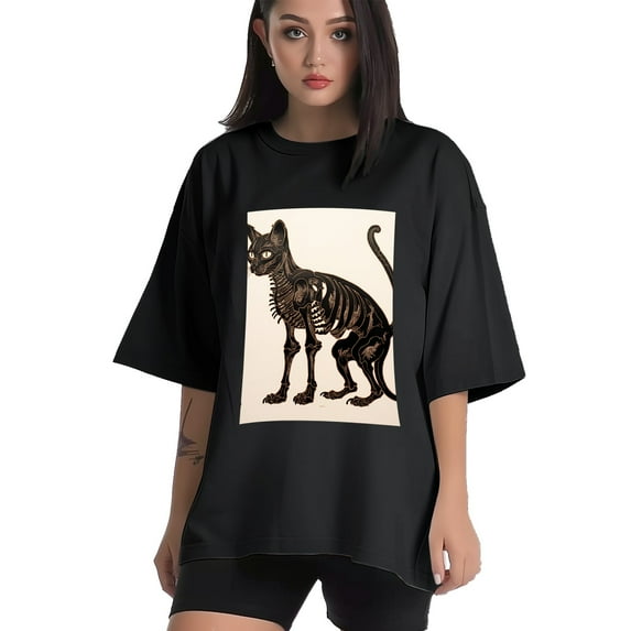 Plus Size Shirt for Women Oversized Black Tops for Women Short Sleeves Shirt for Women Skeleton Cat 3 T Shirt Crewneck Shirt for Women M