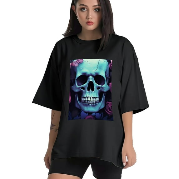 Plus Size Shirt for Women Oversized Black Tops for Women Short Sleeves Shirt for Women Skull 5 T Shirt Crewneck Shirt for Women M