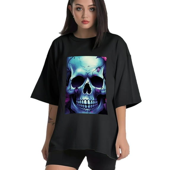Plus Size Shirt for Women Oversized Black Tops for Women Short Sleeves Shirt for Women Skull 6 T Shirt Crewneck Shirt for Women M