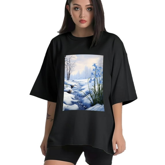 Plus Size Shirt for Women Oversized Black Tops for Women Short Sleeves Shirt for Women Snow Environment 1 T Shirt Crewneck Shirt for Women M
