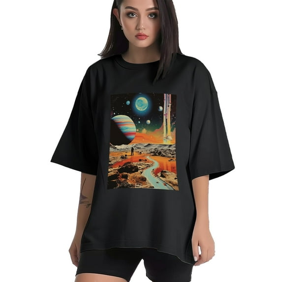 Plus Size Shirt for Women Oversized Black Tops for Women Short Sleeves Shirt for Women Space 2 T Shirt Crewneck Shirt for Women M