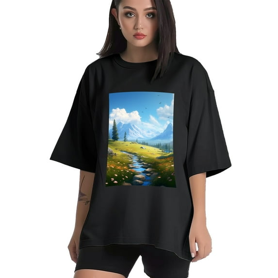 Plus Size Shirt for Women Oversized Black Tops for Women Short Sleeves Shirt for Women Summer Landscape 1 T Shirt Crewneck Shirt for Women M