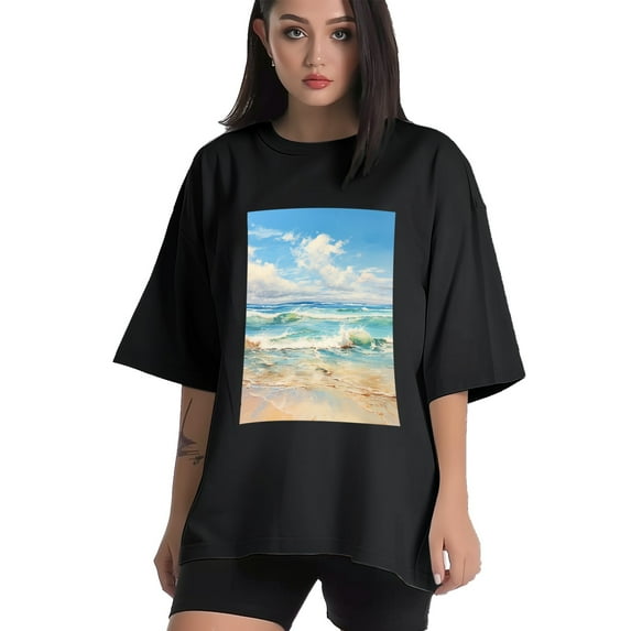 Plus Size Shirt for Women Oversized Black Tops for Women Short Sleeves Shirt for Women Sunny Beach4 T Shirt Crewneck Shirt for Women M