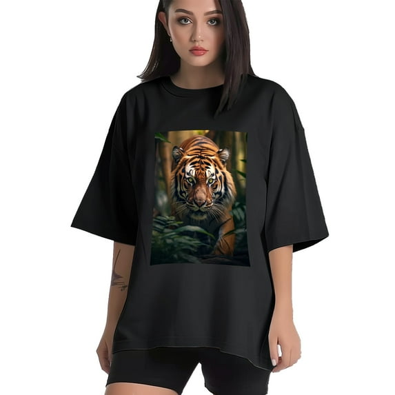 Plus Size Shirt for Women Oversized Black Tops for Women Short Sleeves Shirt for Women Tiger T Shirt Crewneck Shirt for Women M