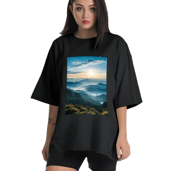 Plus Size Shirt for Women Oversized Black Tops for Women Short Sleeves Shirt for Women Top Mountain View T Shirt Crewneck Shirt for Women M
