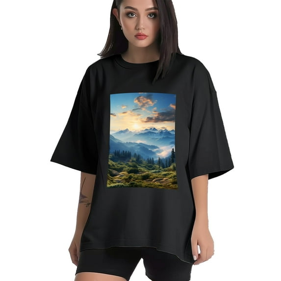 Plus Size Shirt for Women Oversized Black Tops for Women Short Sleeves Shirt for Women Top Mountain View1 T Shirt Crewneck Shirt for Women M