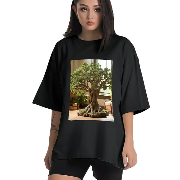 Plus Size Shirt for Women Oversized Black Tops for Women Short Sleeves Shirt for Women Tree T Shirt Crewneck Shirt for Women M