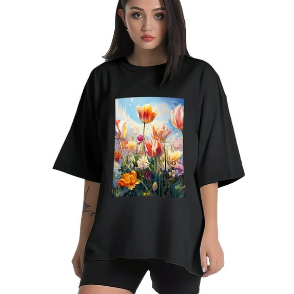 Plus Size Shirt for Women Oversized Black Tops for Women Short Sleeves Shirt for Women Tulip Flowers T Shirt Crewneck Shirt for Women M