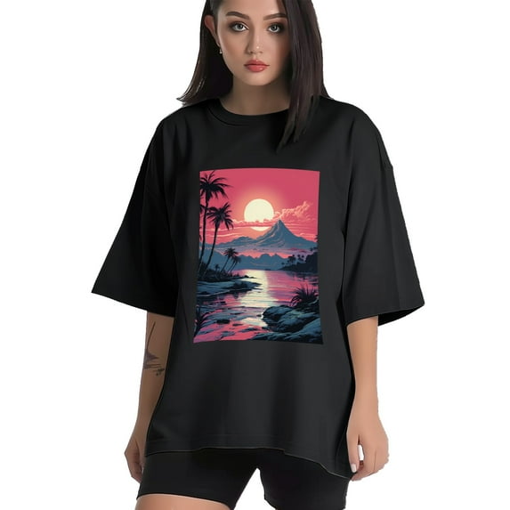 Plus Size Shirt for Women Oversized Black Tops for Women Short Sleeves Shirt for Women Vintage Landscape T Shirt Crewneck Shirt for Women M