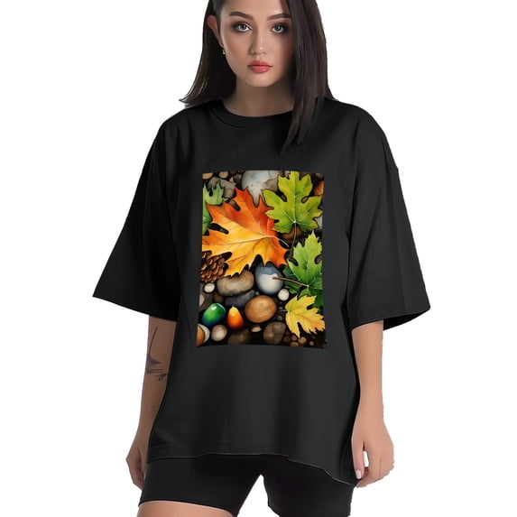 Plus Size Shirt for Women Oversized Black Tops for Women Short Sleeves Shirt for Women Watercolor Leaves Stones 1 T Shirt Crewneck Shirt for Women M