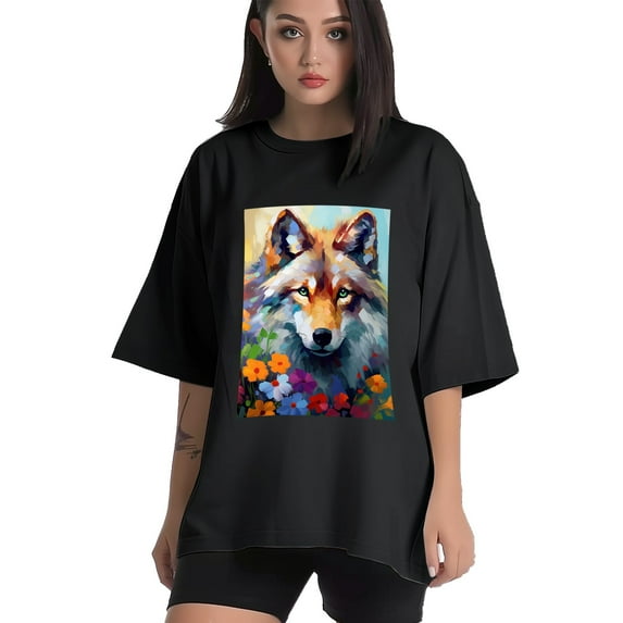 Plus Size Shirt for Women Oversized Black Tops for Women Short Sleeves Shirt for Women Wolf 6 T Shirt Crewneck Shirt for Women M
