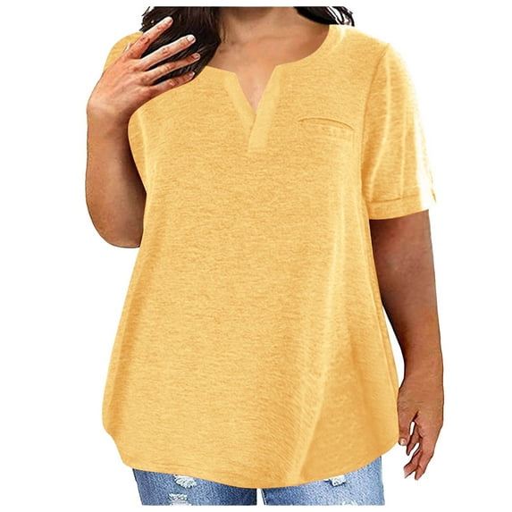Plus Size Shirts Color Block Gradient Print V Neck Top Shirt Short Sleeve Loose Blouse Plus Size Tops Curvy Women Yellow XXXXL