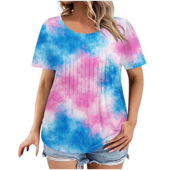 Plus Size Shirts for Women Short Sleeve Summer Tops Pleated Dressy Casual Scooped Neck Blouses Fashion Going Out Floral Graphic Tees Loose Comfy Basic Tunic Top Beach Vacation Clothes Outfits
