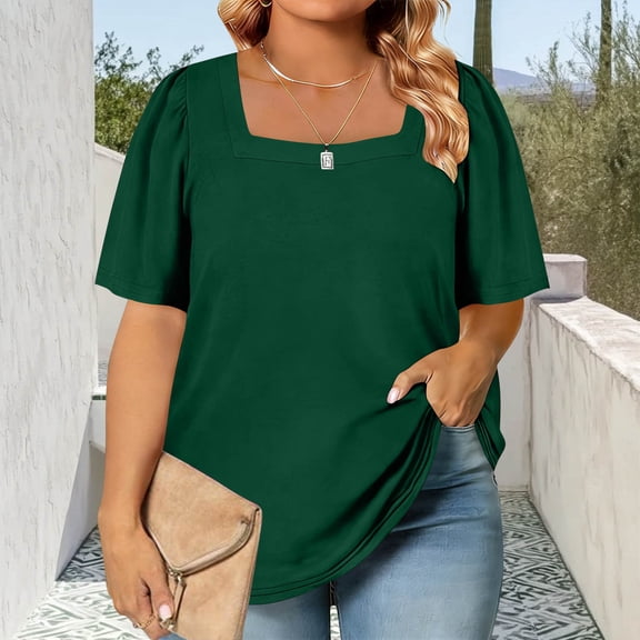 Plus Size Shirts for Women Summer Peplum Tops Sqaure Neck Ruffle Sleeve Blouses Fit Flowy Shirts Casual Tops Puff Short Sleeve T Shirts Going Out Tops For Women