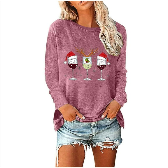 Plus Size Shirts Women Wine Glass Christmas Sweatshirt Funny Christmas Pullover Tee Xmas Santa Hat Graphic Blouse Tshirt Tops Women's Blouses S-37 Pink-A S