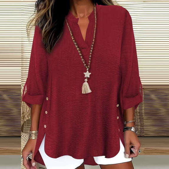 Plus Size Shirts Womens 3/4 Long Sleeve Shirts V Neck Casual Oversized Solid Blouses Cute Tops For Women