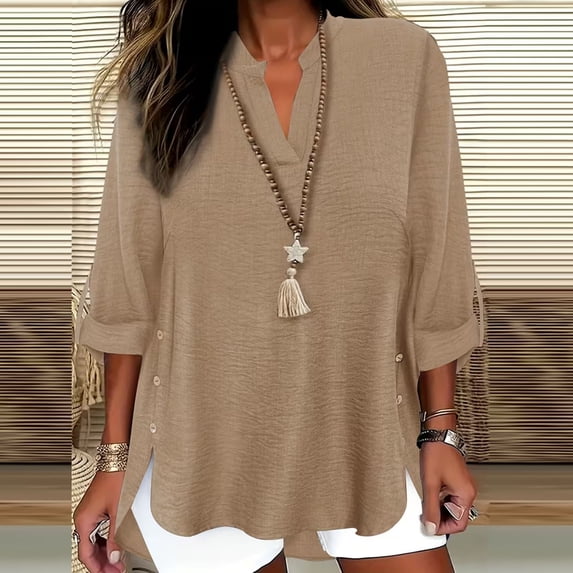 Plus Size Shirts Womens 3/4 Long Sleeve Shirts V Neck Casual Oversized Solid Blouses Cute Tops For Women