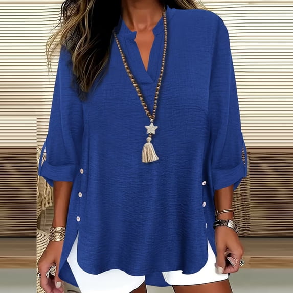 Plus Size Shirts Womens 3/4 Long Sleeve Shirts V Neck Casual Oversized Solid Blouses Cute Tops For Women