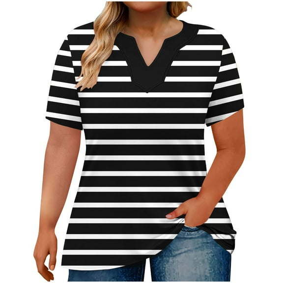 Plus Size Shirts for Curvy Women V Neck Short Sleeve Blouse Striped Print Shirt Loose Tops Dressy Casual Trendy Work Blouse Womens Summer Shirts